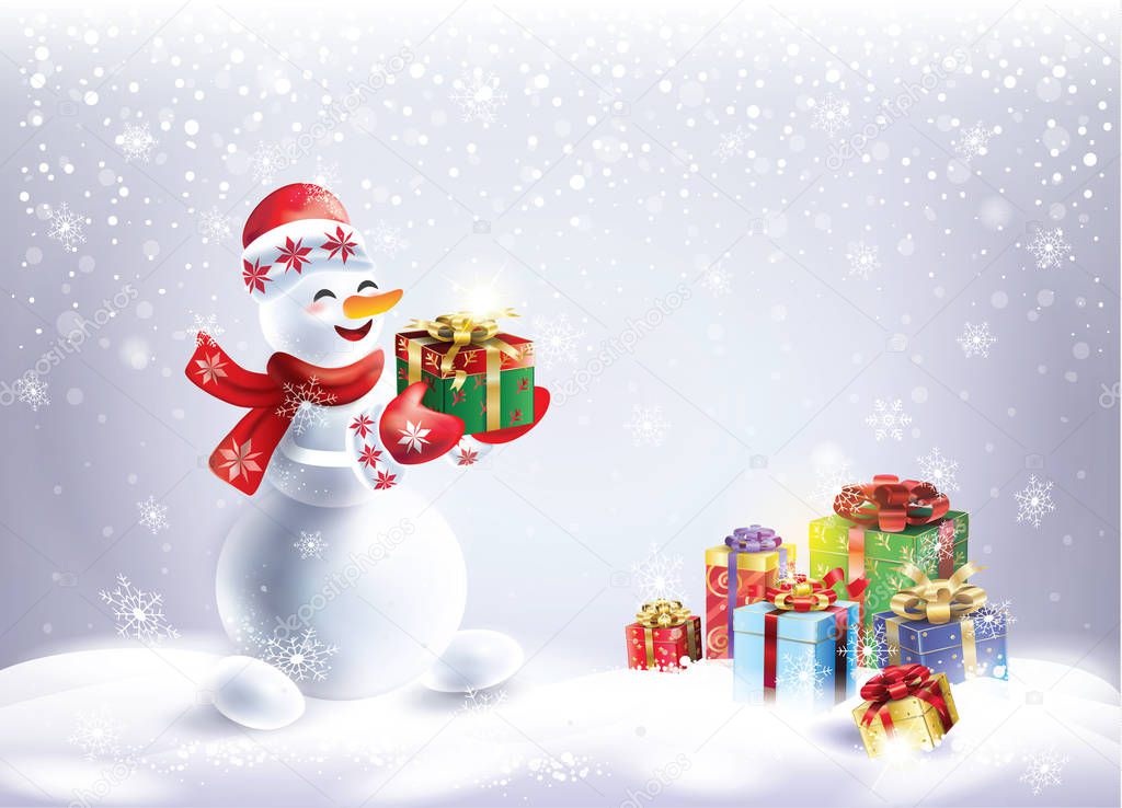 Snowman. Christmas snowy landscape with snowman and gift box, beautiful presents, snowflakes falling, bokeh lights, snowfall, snow mountain background blank page for Merry Christmas and New Year greeting card, invitation, flyer, wallpaper, gift card,