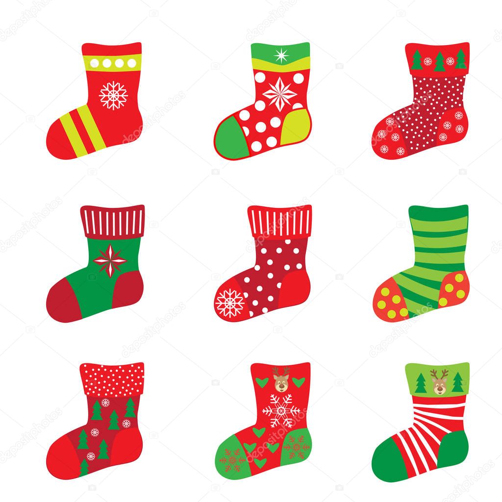 Christmas socks for Happy New Year and Christmas Winter Holiday. Socks icons set, with snowflakes, santa, reindeer, snowman, christmas balls, fir tree, stars, gift, symbol, decorative ornament vector. Different beautiful christmas decoration, socks.