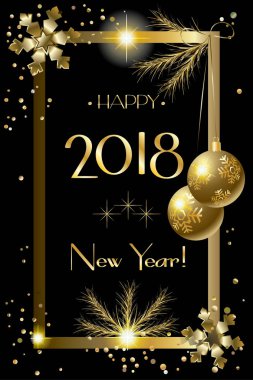 2018 vektör çizim, mutlu yeni yıl ve Noel kış tatili parti daveti, broşür, afiş, el ilanı, tebrik kartı, satışı büyük başlığı, şablonu. Modern altın tasarım ışıklar etkisi, köknar ağacı dalları, Noel topları, konfeti, lüks duvar kağıdı.