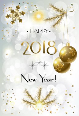 2018 vektör çizim, mutlu yeni yıl ve Noel kış tatili parti daveti, broşür, afiş, el ilanı, tebrik kartı, afiş, şablonu. Modern altın tasarım bokeh ışıklar etkisi, köknar ağacı dalları, Noel topları, konfeti, gümüş dekorasyon.