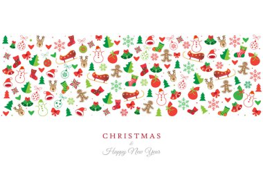 Ren geyiği, kar taneleri, kardan adam, Yılbaşı topu, zencefilli, ikonlar, simgeler süsleme, Noel Noel ve mutlu yeni yıl tebrik kartıyla kış tatil afiş öğe arka plan, illüstrasyon Noel tebrik süsleme simgeler desen izole.