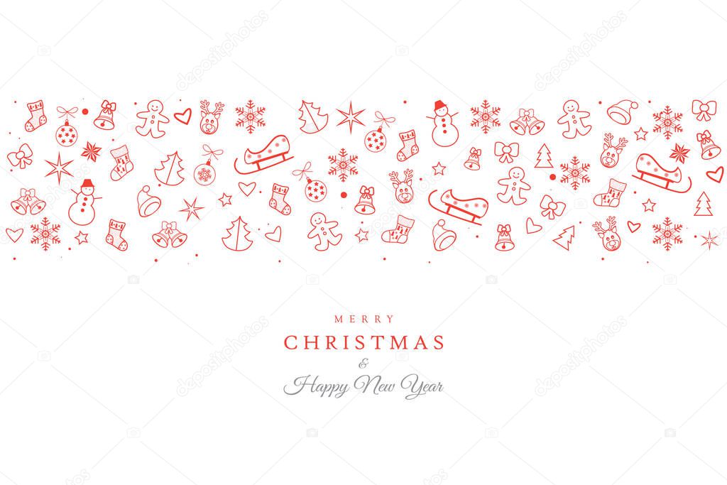 Christmas and Happy New Year greeting card with christmas symbols ornament, reindeer, snowflakes, snowman, christmas ball, gingerbread, icons, winter holiday banner isolated element background, illustration Christmas greeting ornament icons pattern