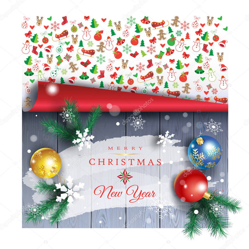 Holiday Christmas card with fir tree and festive decorations balls, stars, snowflakes, bells,, snowman, gifts on wood background pattern. Christmas vector template for banner, ticket, leaflet, card, invitation, poster, sale, advertising, coupon promo