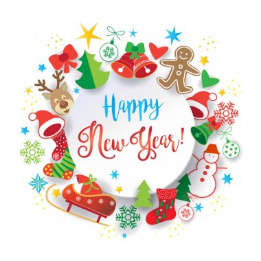 Noel kış tatil semboller, simgeler tebrik kartı. Mutlu yeni yıl dekorasyon dekoratif arka plan öğeleri kardan adam, çan, kar taneleri, çam ağacı, çorap, Ren geyiği, yıldız, kalp, şerit yay, Noel top, poster, afiş, vektör boş sayfa, metin 