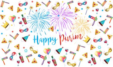 Mutlu Purim! Holiday Festival Fireworks vektör illüstrasyon 2018, semboller karnaval maskesi, hediyeler havai fişek noisemaker, maskeli, gragger, şarap şişesi, hamantachhen çerezleri, taç, david yıldızı, desen festivali dekorasyon karnaval vektör illüstrasyon