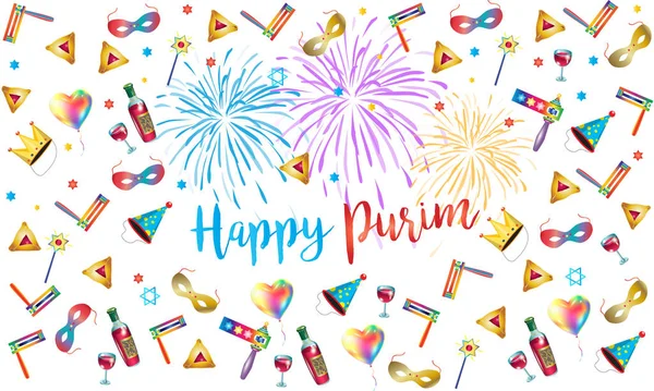 Feliz Purim Fiesta Festival Fireworks Vector Ilustración 2018 Símbolos Máscara — Vector de stock