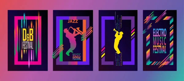 Jazz Pop Electronic Music Summer Festival 2018 music, jazz, pop, disco, dance, club, Holiday colorful modern poster, flyer, brochure cover layout vector set. Abstract composition with saxophone player. geometric dynamic shapes modern design template.