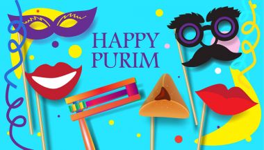 Purim kutlama kavramı poster, Yahudi tatil şenlikli soyut tasarım afiş geleneksel semboller şenlikli grogger, kilit, hamantachhen tanımlama bilgilerini, maske, taç, yıldız david, üstten görünüm vektör. Festival davet gard arka plan karnaval işareti İsrail