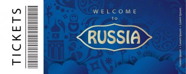 Rusya soyut afiş vektör şablon hoş geldiniz. 2018 Dünya Kupası Rusya Futbol bilet konsept tasarımı, spor, seyahat, futbol sembolleri, havai fişek. FIFA 2018. Şampiyonluk futbol, futbol oyuncuları, futbol topu, Rus Halk sanat unsurları, tipografi