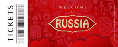Rusya soyut Kızıl Bayrak vektör şablonu için hoş geldiniz. 2018 Dünya Kupası Rusya Futbol bilet konsept tasarımı, spor, seyahat, futbol sembolleri, havai fişek. 2018 Fifa, Futbol Şampiyonası, yarışma, spor, simge, futbol topu, oyuncular, Ödülü simgesi, kart