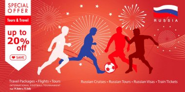 2018 Dünya Kupası Rusya futbol posteri, Rusya 'ya hoş geldiniz soyut afiş, havai fişekler, futbolcuların silüetleri, dinamik modern vektör şablonu. İndirimli indirim kartı, kupon, poster, seyahat, reklam, promosyon, soyut özgeçmiş. fifa işareti