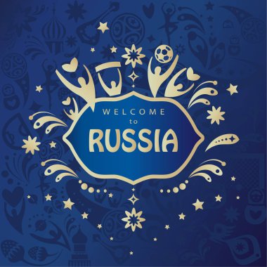 Rusya soyut afiş vektör şablonu için hoş geldiniz. 2018 Dünya Kupası Rusya Futbol mavi poster, spor öğeleri, futbol topu, futbol oyuncuları, ödül şerit, arka plan Rus Halk sanat çerçeve. Uluslararası turnuva Futbol Yarışması, 2018 FIFA