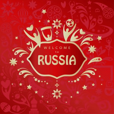 2018 Dünya Kupası Rusya Futbol, Rusya soyut davet afiş vektör şablon hoş geldiniz. Arka plan Rus Halk sanat spor öğeleri, futbol topu, sembollerin, kırmızı desen Ödülü. 2018 FIFA Dünya Kupası turnuva duvar kağıdı, baskı, t-shirt, logo