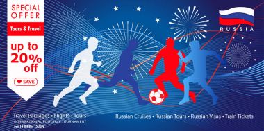 Dünya Kupası Rusya futbolu, indirimli pankart, özel teklif, seyahat, Rusya 'ya hoş geldiniz. İndirimli indirim kartı, kupon, poster, seyahat, reklam, promosyon, soyut özgeçmiş. Futbolcular, futbol turnuvaları