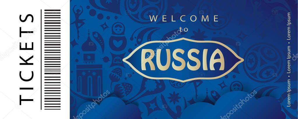 Welcome to Russia abstract banners vector template. 2018 World Cup Russia football Tickets concept design, sport, travel, soccer symbols, fireworks. FIFA 2018. Championship soccer, soccer players, soccer ball, russian folk art elements, typography
