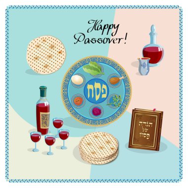 Mutlu Fısıh Bayramı yazı, Yahudi tatil semboller, simgeler kümesi, dört Şarap kadehi, matza - Yahudi geleneksel ekmek için Fısıh Bayramı Festivali, Pesah plaka, haggadah, seder pesach vektör çizim tebrik kartı İsrail Bahar, Musevi tasarım afiş, poster