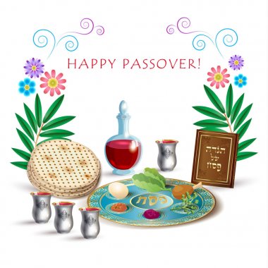 Happy Passover lettering, Jewish Holiday symbols, icons set, four wine glass, matza - jewish traditional bread for Passover Festival, passover plate, haggadah, seder pesach vector greeting card Israel Spring, Judaic Design, floral vintage frame decor clipart