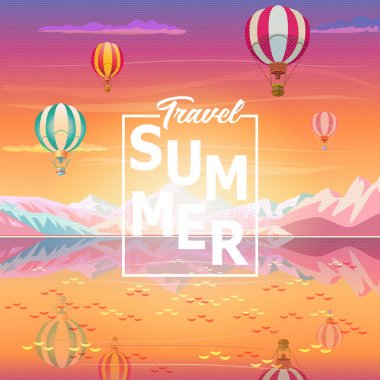 Vektör yaz gün batımı resim poster sıcak hava balonları, cennet tropikal deniz plaj, dağlar, mavi gökyüzü kara, uçak, kırsal manzara, Macera, seyyar, yolculuk, kamp, Açık Rekreasyon, konulu doğa tatil soyut Maceraları