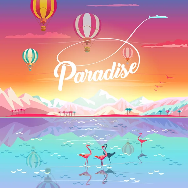 Vektör Yaz Gün Batımı Resim Poster Sıcak Hava Balonları Cennet — Stok Vektör