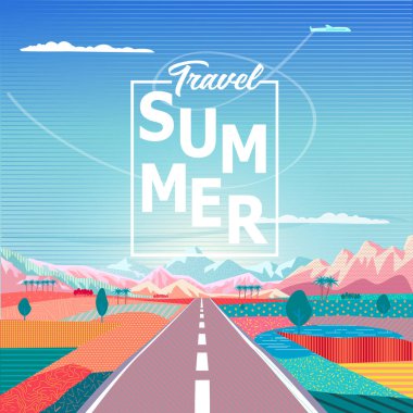 Vektör yaz gün batımı resim poster Road trip, dağlar, mavi gökyüzü kara, uçak, kırsal manzara, Macera, seyyar, yolculuk, kamp, Açık Rekreasyon, konulu doğada tatil Maceraları. Modern tasarım. Uzun yola gidiyoruz. Soyut