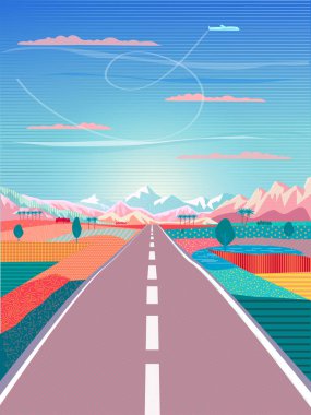 Vektör yaz gün batımı resim poster Road trip, dağlar, mavi gökyüzü kara, uçak, kırsal manzara, Macera, seyyar, yolculuk, kamp, Açık Rekreasyon, konulu doğada tatil Maceraları. Modern tasarım. Uzun yola gidiyoruz. Soyut