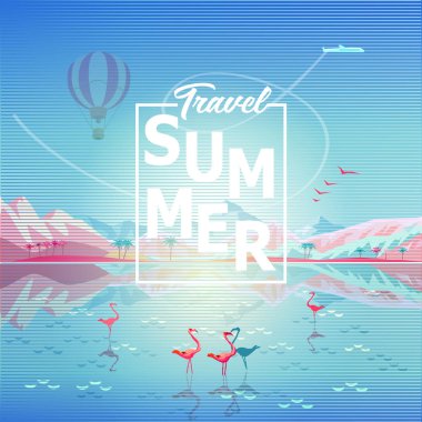 Vektör yaz gün batımı resim poster sıcak hava balonları, cennet tropikal deniz plaj, dağlar, mavi gökyüzü kara, uçak, kırsal manzara, Macera, seyyar, yolculuk, kamp, Açık Rekreasyon, konulu doğa tatil soyut Maceraları