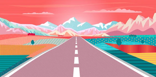 Vector Sunset Painting Poster Theme Road Trip Mountains Blue Sky — Stock Vector
