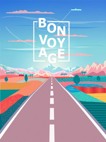 Cartel Pintura Vectorial Verano Sobre Tema Viaje Por Carretera Montañas — Vector de stock