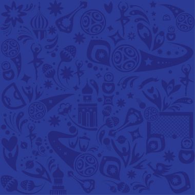 Football 2018 Russian World Cup Abstract football tournament background dynamic texture banner. Russia 2018 football Vector world cup competition. Championship soccer blue wallpaper, Rusia folk elements, seamless pattern. Soccer ball award goal icon