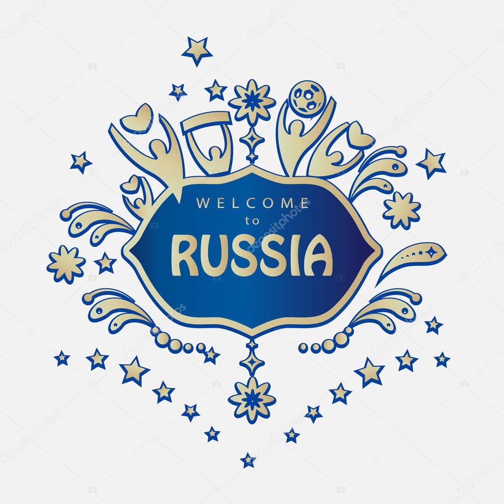 Football 2018 Russian World Cup Abstract soccer tournament background Welcome to Russia invitation. Russia 2018 football competition logo concept. Championship soccer blue banner, Rusia folk art decoration, Sports Soccer ball award goal icon  t-shirt