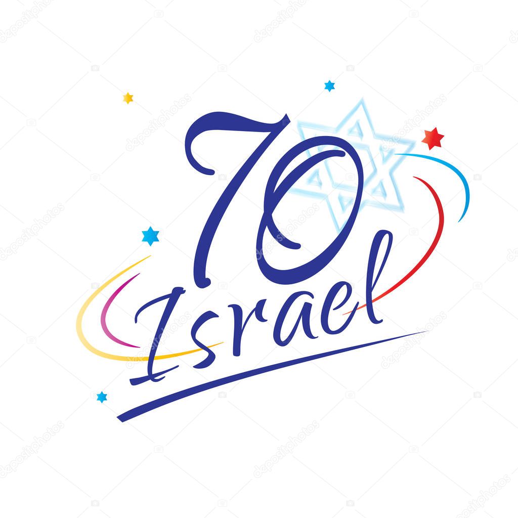 Israel 70 anniversary, Independence Day, 2018, calligraphy text festive greeting poster, Jewish Holiday, Jerusalem banner with Israeli blue star, fireworks, vector modern design wallpaper. 1948-2018 celebrate