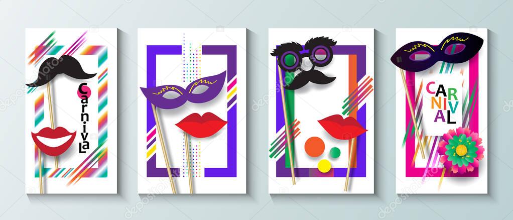 Carnival festival banner, flyer or invitation set. Vector Funfair funny brochure tickets banner flyer placard poster festive modern design with venetian carnival masks, masquerade abstract frame pattern, paper cut art copy space for your text message
