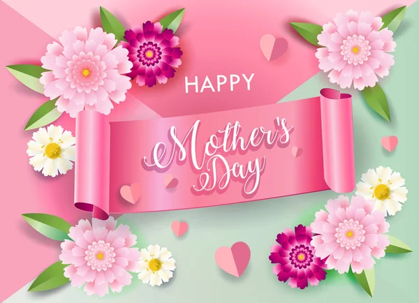 Tarjeta Felicitación Del Día Madre Con Flores Banner Cinta Corazones — Vector de stock