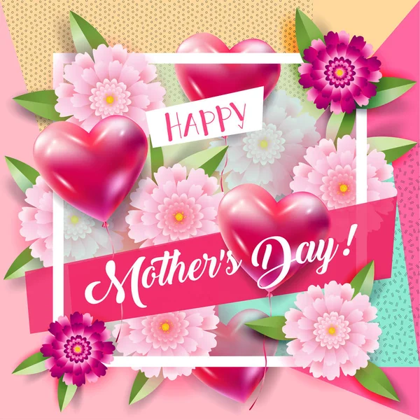 Tarjeta Felicitación Del Día Madre Con Flores Banner Cinta Corazones — Vector de stock