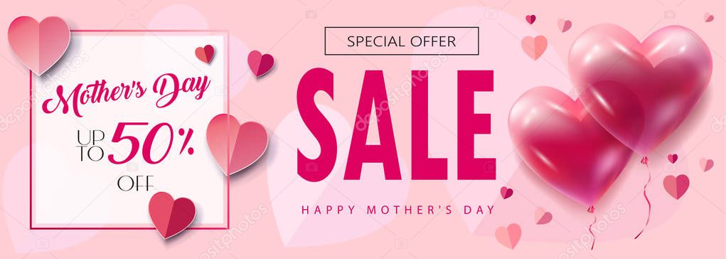 Sale banners set for Mother's Day gift cards, tags, special offer, discount flyers, web, Spring Holiday decoration, floral ornament, flowers, hearts, balloons, origami, paper cut texture, vector gift, fashion, typography, web banner, design.