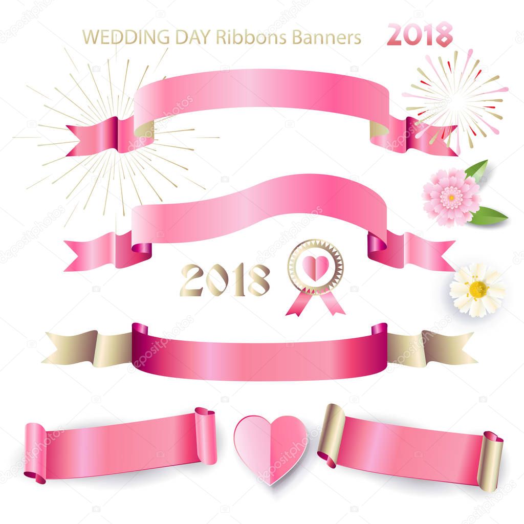 Ribbons banners bow tie set for Happy Mother's Day, Women's Day, Valentine's Day, Anniversary, Wedding day greeting card, invitation decorative floral elements, Spring flowers pink stickers, vector festive decoration, paper cut flowers place for text