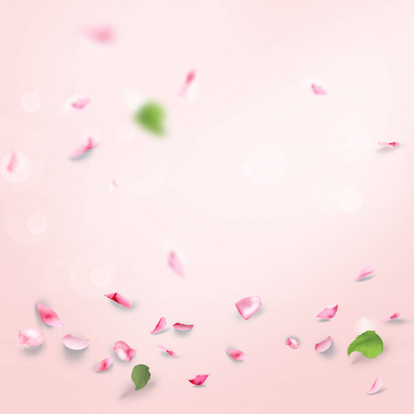 Roses flowers and falling pink petals for spa or wedding day, mother's day, valentine's day, women's day, anniversary, romance, love, decoration, mockup pastel bokeh lights background top view. Beautiful floral blurred fly petals, copy space for text