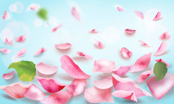 Roses flowers and falling pink petals for spa or wedding day, mother's day, valentine's day, women's day, anniversary, romance, love, decoration, mockup pastel bokeh lights background top view. Beautiful floral blurred fly petals, copy space for text