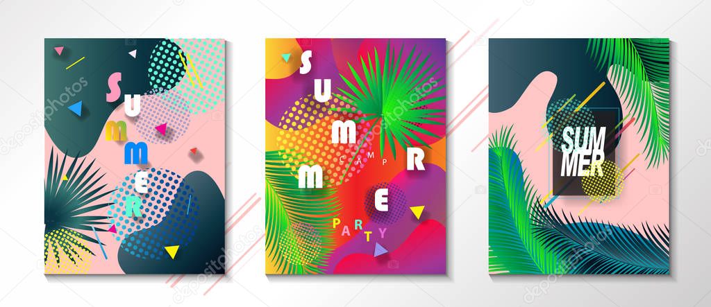 Hello Summer Abstract composition geometric dynamic colorful bubbles shapes modern bright color design template set. Music, Dance, Festival, Carnival, Attraction, kids, sports, camp soccer, olympic, rio, brazilian, flyers travel around world concept.