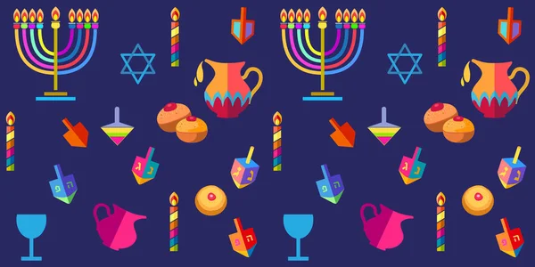 Fiesta Judía Hanukkah Tarjeta Felicitación Símbolos Tradicionales Janukah Dreidels Madera — Vector de stock