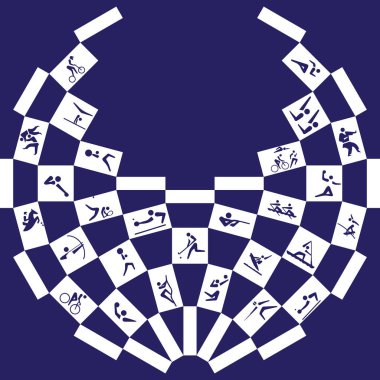2024 Tokyo Yaz Olimpiyatları ve Paralimpik Oyunları soyut geometrik modern Uluslararası Dünya Yarışması Japon indigo mavi desenli spor konsepti piktogram ikonları karate, tırmanış, sörf, kaykay, beyzbol softball Miraitowa maskot vektörü