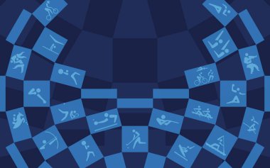 2024 Tokyo Yaz Olimpiyatları ve Paralimpik Oyunları soyut geometrik modern Uluslararası Dünya Yarışması Japon indigo mavi desenli spor konsepti piktogram ikonları karate, tırmanış, sörf, kaykay, beyzbol softball Miraitowa maskot vektörü