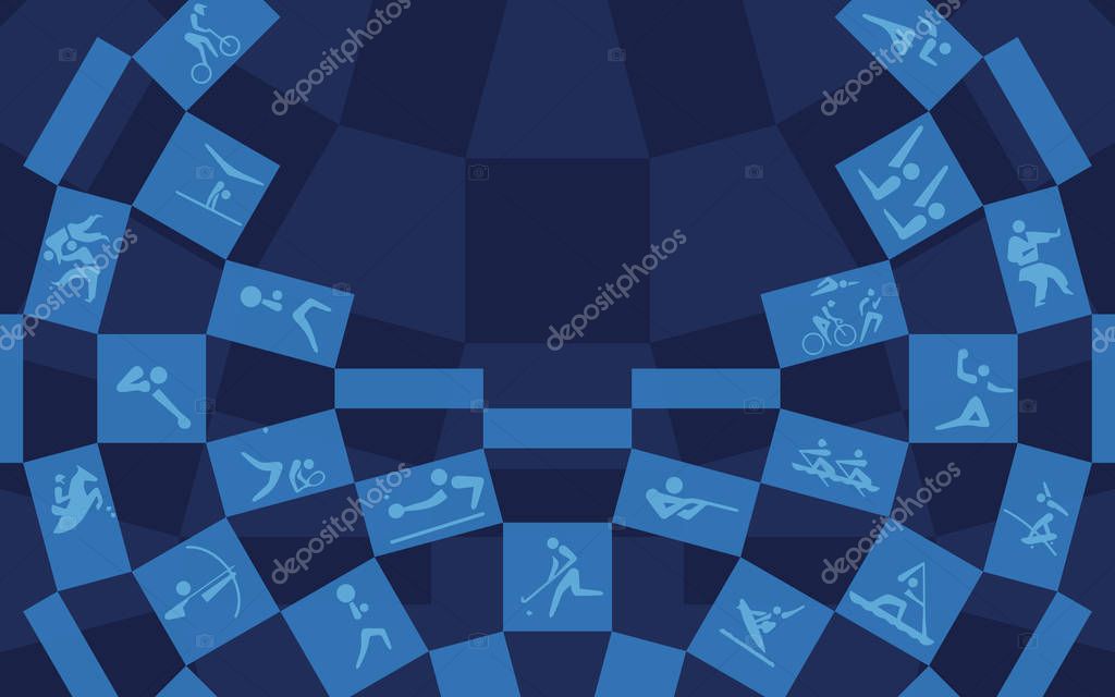 2024 Tokyo Summer Olympic and Paralympics Games abstract geometric modern International World Competition Japanese indigo blue pattern sports concept pictogram icons karate, climbing, surfing, skateboarding, baseball softball Miraitowa mascot vector