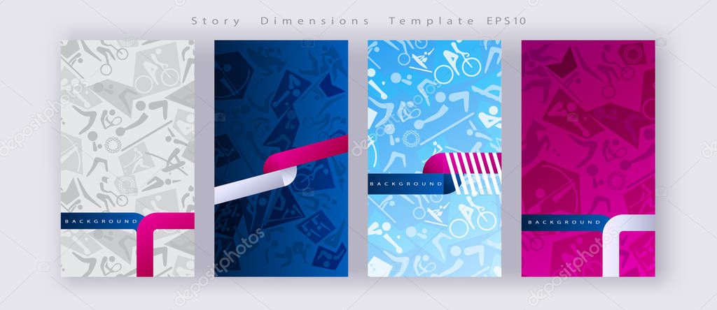 Set banners 2024 Tokyo Summer Olympic and Paralympics Games abstract geometric modern International World Competition Japanese indigo blue pattern sport concept pictogram icons karate climbing, surfing skateboarding, baseball softball vector layout