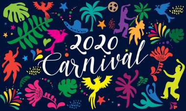 2020 Abstract Rio Brezilya Karnavalı dans festivali gecesi Sambadrome, New Orleans, Mardi Gras, Notting Hill, Venezia kostümlü tropikal palmiye yaprakları Tobago, Trinidad, Venezuela, Oruro desenli karalama vektör şablonu