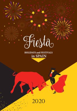 İspanya Fiestaları soyut poster 2022 İspanyol San Fermin Festivalleri, havai fişek duvar kağıdı. Koşan boğalar ana ilgi odağı Pamplona Fiesta logosu Boğa güreşi matadoru Corrida Arena Sanfermin, davetiye flamenko işaretini izole etti.