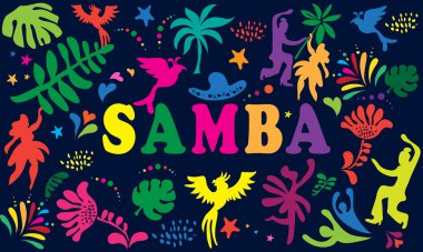 2024 Abstract Rio Brezilya Karnavalı dans festivali gecesi Samba dansçıları Sambadrome, New Orleans, Mardi Gras, Notting Hill London, Venezia kostümlü havai fişek maskeli egzotik tropikal palmiye İspanyol San Fermin Festivali 'nden ayrılıyor