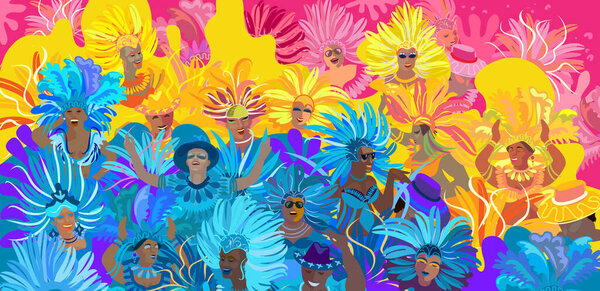 2024 Abstract Rio Brazilian Carnival music dance festival night party happy people Samba dancers parade Sambadrome, New Orleans, Mardi Gras, Notting Hill London, Venezia costume mask firework exotic tropical palm leaves Spanish San Fermin card vector