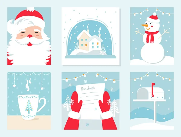 Kerst en Winter vakantie Vector kaarten. Santa Claus, sneeuwbol, sneeuwpop, brief aan de kerstman en Mailbox. — Stockvector