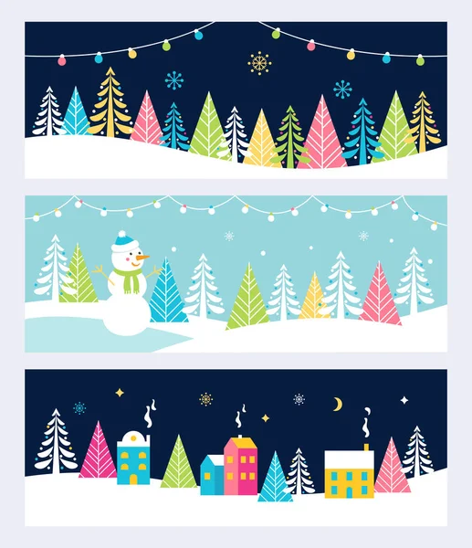 Noel ve kış tatil olayları Festival arka planlar, afiş veya üstbilgileri manzara, kardan adam, ağaçlar ve Noel ışıkları — Stok Vektör